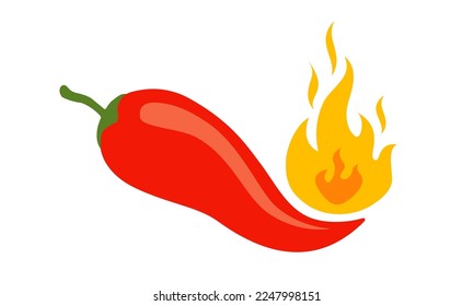 Vector illustration of a spicy chili pepper with flame. Cartoon red chili in fire for Mexican or Thai food.