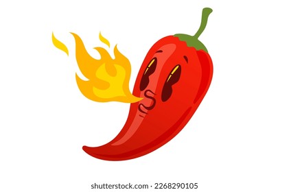 Vector illustration of a spicy chili pepper with flame in retro style. Cartoon red chili pepper for Mexican or Thai food. Hot chilli in vintage style.