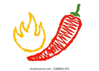 Vector illustration of a spicy chili pepper with flame in hand drawing style. Vector icon of red chili for Mexican or Thai food drawing from pencil. Hot chilli.