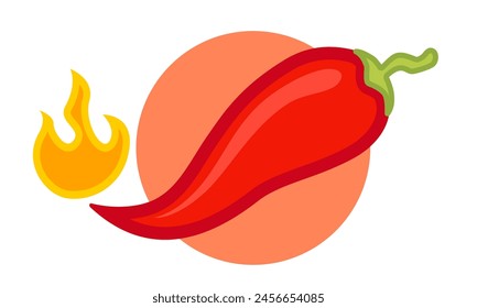 Vector illustration of a spicy chili pepper with flame. Cartoon red chili in fire for Mexican or Thai food.