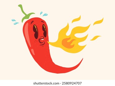 Vector illustration of a spicy chili pepper with flame in retro style. Cartoon red chili pepper for Mexican or Thai food. Hot chilli in vintage style.