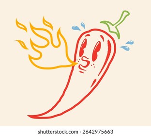 Vector illustration of a spicy chili pepper with flame in retro style. Cartoon red chili pepper for Mexican or Thai food. Hot chilli in vintage style.