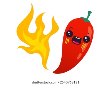 Ilustración vectorial de chiles picantes con llama. Pimienta roja de dibujos animados con llama para comida mexicana o tailandesa. Chiles de bebé de dibujos animados y fuego en estilo chibi.