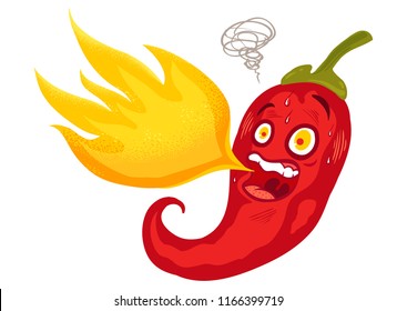 Vector illustration of a spicy chilli pepper with flame. Cartoon red chilli for mexican. or thai food.