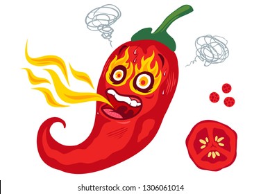 Vector illustration of a spicy chilli pepper with flame in eyes. Cartoon red chili with fire in eyes for mexican food.