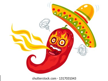 Vector illustration of a spicy chilli pepper with flame and sombrero. Cartoon red chili with fire for mexican or thai food.