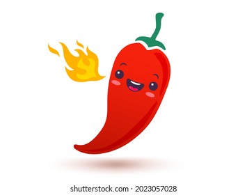 Vector illustration of a spicy chilli pepper with flame in kawaii style. Cartoon red chilli pepper with flame for Mexican or Thai food. Cartoon of baby chili with fire.