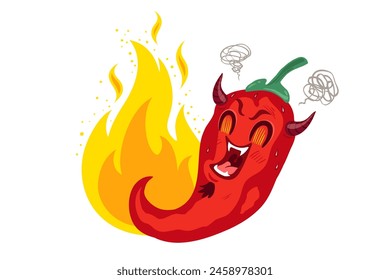 Vector illustration of a spicy chilli pepper with flame. Cartoon of red devil chilli for Mexican or Thai food. Spicy chili pepper.