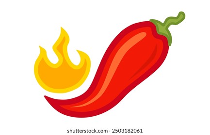 Vector illustration of a spicy chilli pepper with flame. Cartoon red chili in fire for Mexican or Thai food.