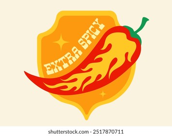 Vector illustration of a spicy chilli pepper with flame on shield. Red chilli pepper with flame for Mexican or Thai food. 