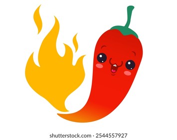 Ilustración vectorial de un chile picante con llama. Pimienta roja de dibujos animados con llama para comida mexicana o tailandesa. Caricatura de chile bebé y fuego.