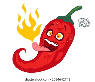 Vector illustration of a spicy chilli pepper with flame. Cartoon red chili and fire for Mexican or Thai food.