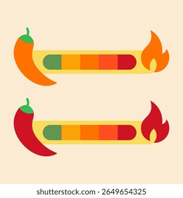 Ilustração vetorial de um medidor de calor de alimentos condimentados. Apresenta pimentas laranja e vermelho com uma escala de classificação de verde suave a vermelho quente extra, completo com ícones de chama para menu ou design gráfico