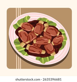 Vector illustration of spicy grilled ribs with lettuce