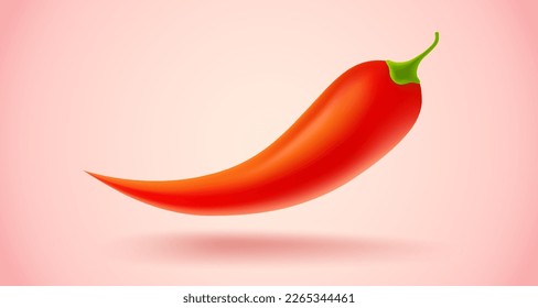 Vector illustration of a spicy red chili pepper on pink background. Red chili in fire for Mexican or Thai food in realistic style.