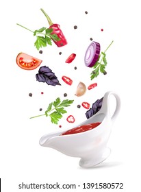 Vector illustration spicy sauce in a sauce-pot with vegetables