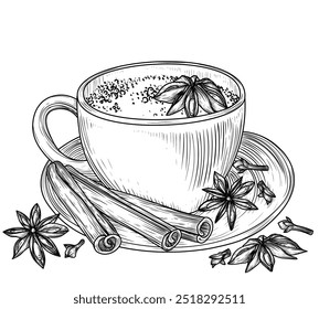Vector illustration of a spicy tea latte in engraving style