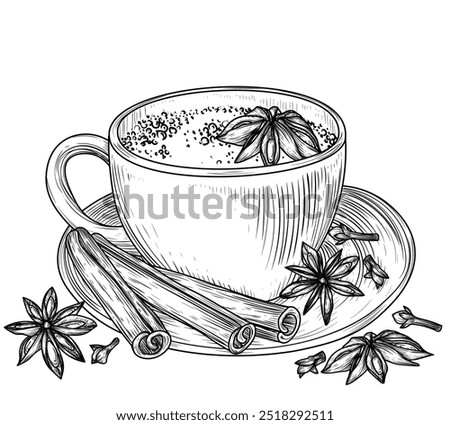 Vector illustration of a spicy tea latte in engraving style