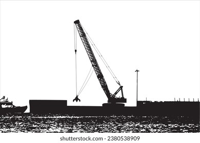 Vector illustration of a spider crane working on the pier of the port, near a moored boat