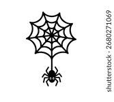Vector illustration of spider hanging on web, Halloween symbol of horror, fear, and spooky decoration.