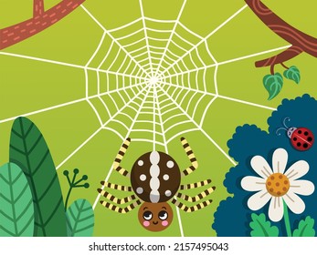 Vector illustration of a spider on a cobweb.