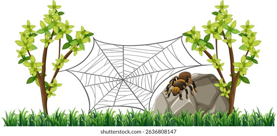 Vector illustration of a spider on a rock with a web between trees, featuring vibrant greenery and detailed elements