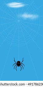 Vector illustration of spider on sky with clouds