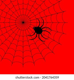 Vector illustration of spider on web isolated on red background