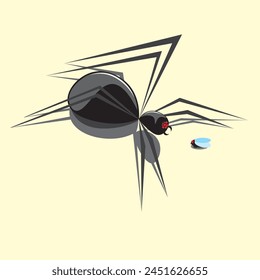 Vector illustration of a spider standing over a fly. A spider about to attack a fly. Spider, hunter, predator, fly, insect.