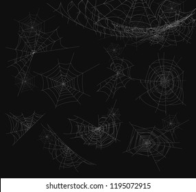 Vector illustration of spider web isolated on black background. Cobweb set.