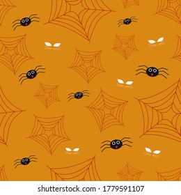 Vector illustration of a spider and a web on a yellow background.Seamless pattern