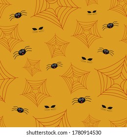 Vector illustration of a spider and a web on a yellow background.Seamless pattern