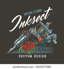 Vector Illustration of Spiders, Roses and Tattoo Tools with Vintage Hand Drawing Style Available for Tshirt Design