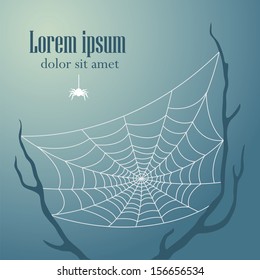 Vector illustration of spiderweb between two tree branches on blue background