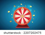 Vector illustration spinning fortune wheel with golden flying coins on blue abstract background. Realistic 3d lucky roulette.