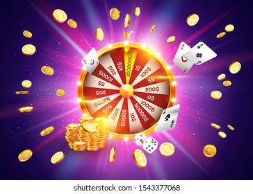 Vector Illustration Spinning Fortune Wheel On Explosion Of Gold Coins Background And With Light Spotlights. Realistic 3d Lucky Roulette.