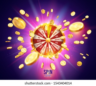 Vector illustration spinning fortune wheel on explosion of gold coins background and with light spotlights. Realistic 3d lucky roulette.