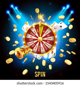 Vector illustration spinning fortune wheel on explosion of gold coins background and with light spotlights. Realistic 3d lucky roulette.