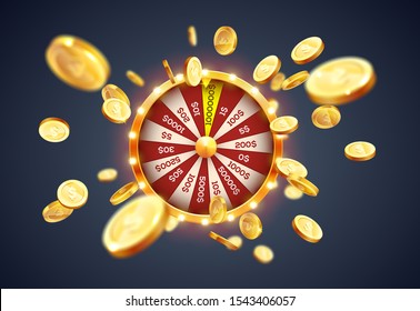 Vector illustration spinning fortune wheel on explosion of gold coins background. Realistic 3d lucky roulette.