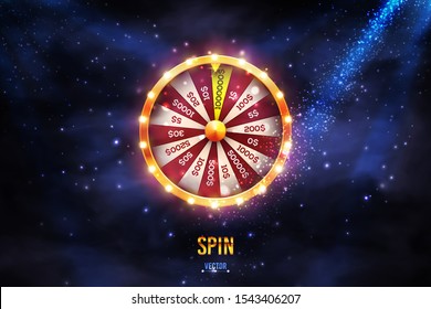 Vector Illustration Spinning Fortune Wheel With Light Spotlights. Realistic 3d Lucky Background.