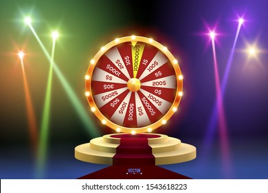 Vector illustration spinning fortune wheel on pedestal with light spotlights. Realistic 3d lucky background.