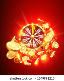 Vector Illustration Spinning Fortune Wheel On Explosion Of Gold Coins Background And With Light Spotlights. Realistic 3d Lucky Roulette.