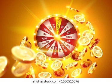 Vector illustration spinning fortune wheel on explosion of gold coins background and with light spotlights. Realistic 3d lucky roulette.