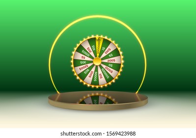 Vector illustration spinning fortune wheel on green background of neon frame on round podium. Vector illustration.