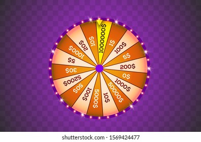 Vector illustration spinning fortune wheel on transparent background. Realistic 3d lucky roulette. Online casino