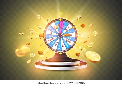 Vector illustration spinning fortune wheel on pedestal with light spotlights on . Realistic 3d lucky on transparent background