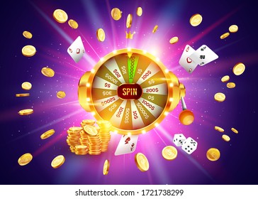 Vektorgrafik Spinnen von Glücksrad auf Explosion von goldenen Münzen Hintergrund und mit Licht-Scheinwerfern. Realistisches 3D-Glücksroulette.