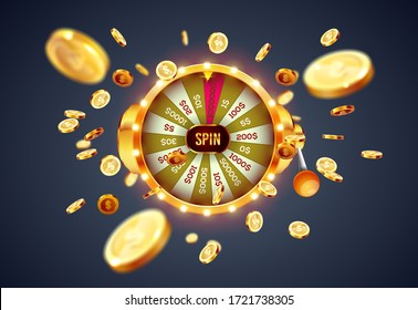 Vector illustration spinning fortune wheel on explosion of gold coins background. Realistic 3d lucky roulette.