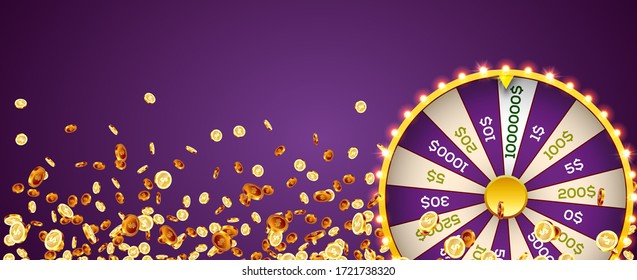 Vector illustration spinning fortune wheel on explosion of gold coins background. Realistic 3d lucky roulette.