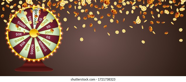 Vector illustration spinning fortune wheel on explosion of gold coins background. Realistic 3d lucky roulette.